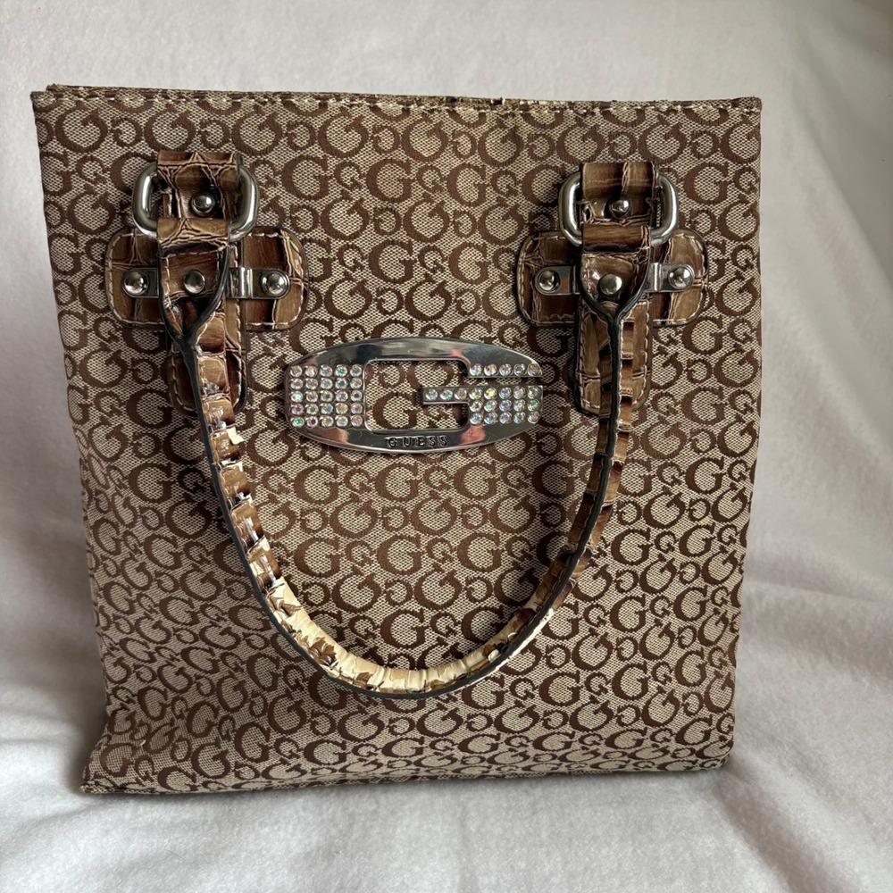 Guess Vintage Monogram Rhinestone G Logo Tote Bag Brown Croc Trim Y2K